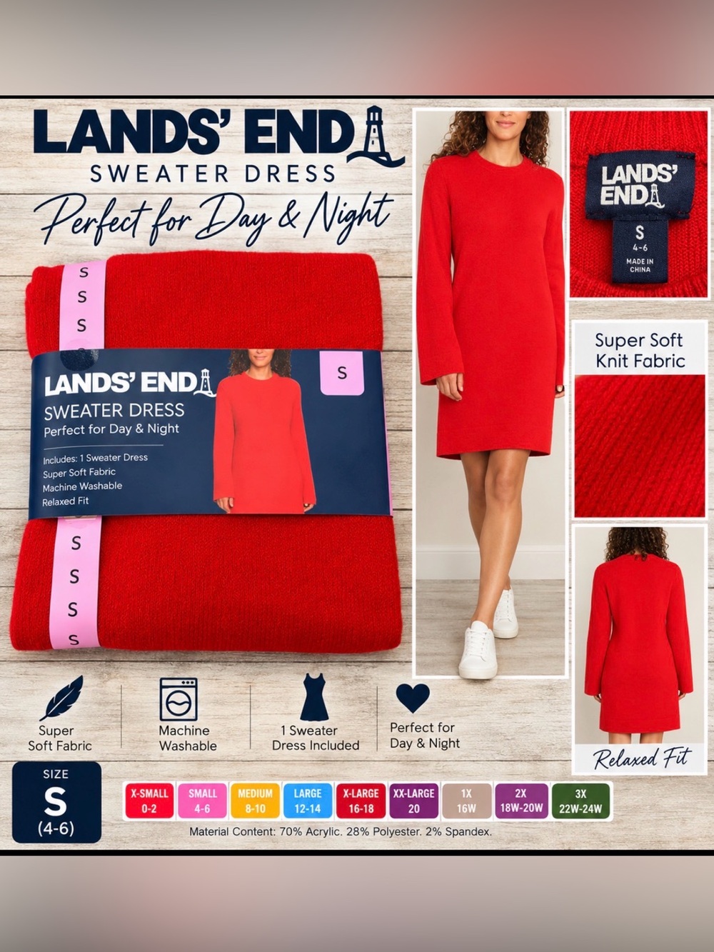 Lands’ End Women’s Sweater Dress – Size Small 4–6 – Barbados Cherry Red – NWT
